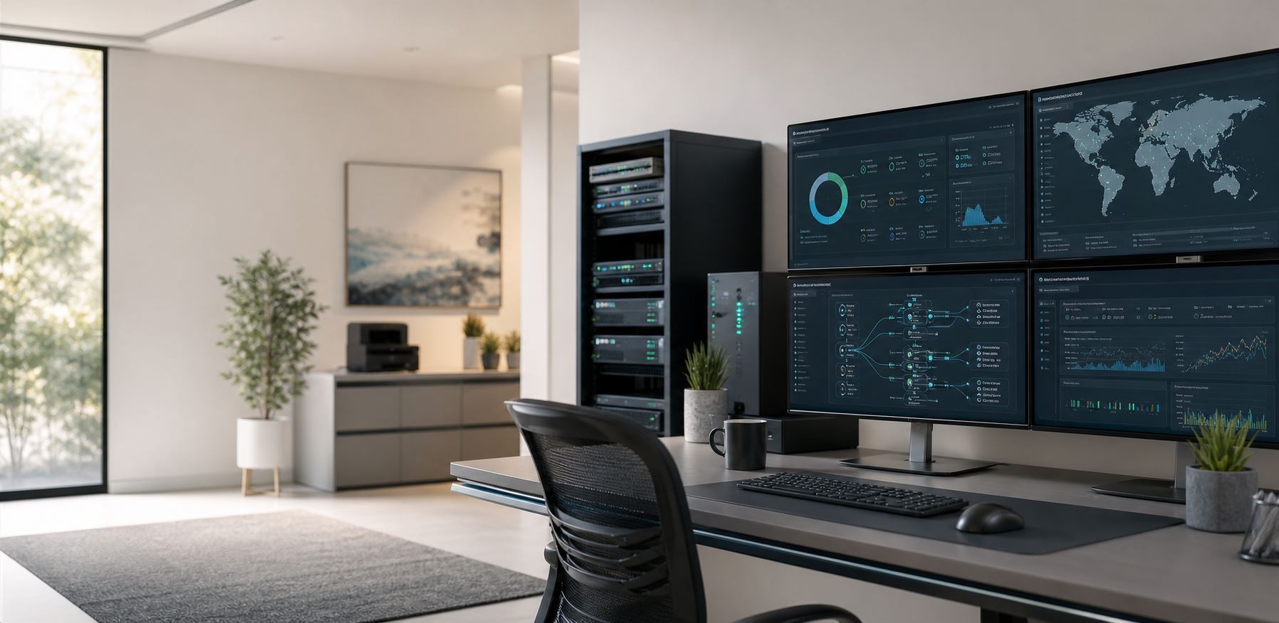 Modern IT operations desk with monitoring displays and network equipment.
